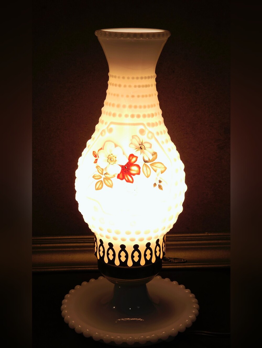 White Milk Glass Hobnail Lantern Oil Lamp Light Autumn Yellow Floral